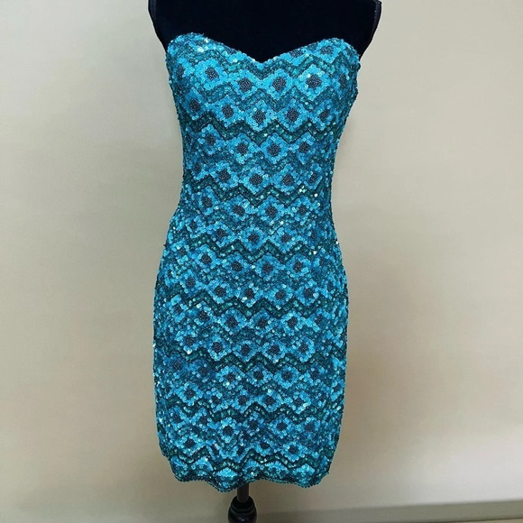 Renaissance Collection Hand Beaded Sequin Strapless Prom Dress Blue Green 6 - Picture 7 of 12